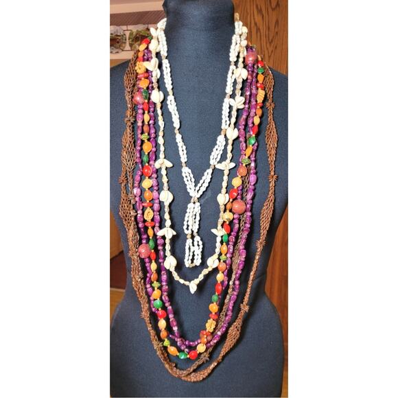 Vintage Hippie Necklace Lot Seeds Fruit Pits Nuts Tribal Shell Long Ethnic Q - Picture 1 of 11